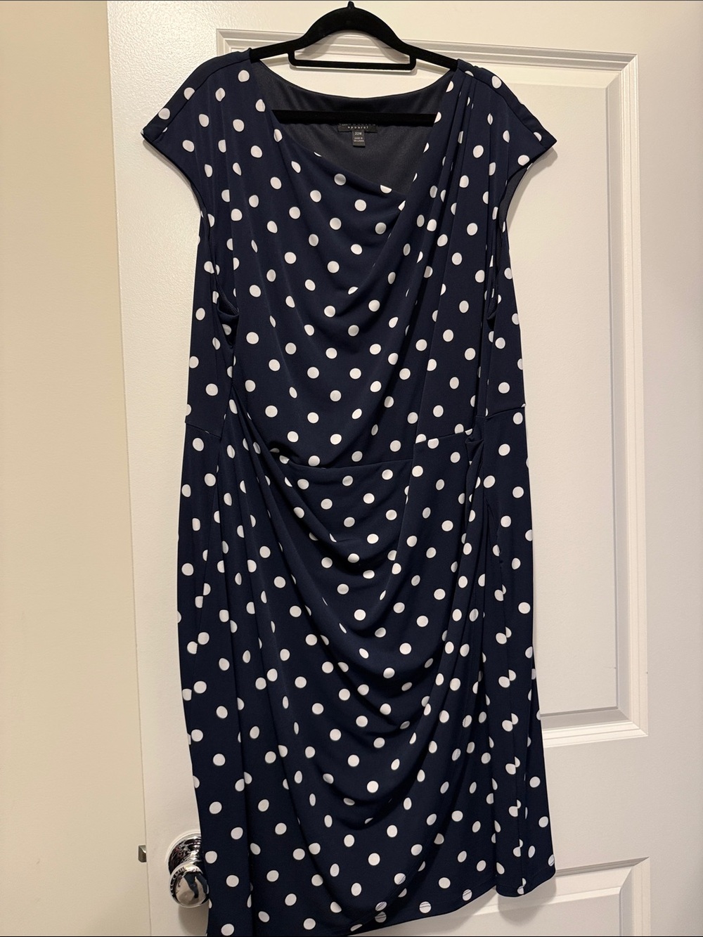 Navy Polka Dot Draped Sheath Dress